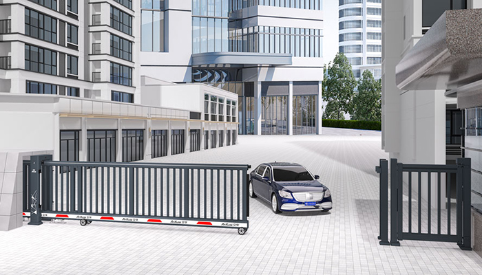 某辦公園區(qū)采用 “安快” 柵欄款平移工業(yè)門效果圖